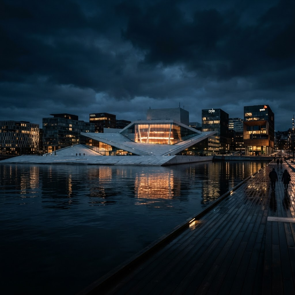 Moderne arkitektur ved Oslos vannkant i blåtimen